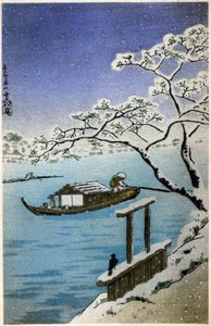 Geografia. Giappone. Fiume in inverno. Xilografia di Hiroshige in: Cinquantatré stazioni del Tokaido (1833-1834). Cartolina, Giappone, c.1900 da Ando or Utagawa (after) Hiroshige