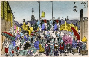 Geografia. Giappone. Il bagliore del mattino al Nihonbashi (1ª stazione). Xilografia di Hiroshige in: Cinquantatré stazioni del Tokaido (1833-1834). Cartolina, Giappone, c.1900 da Ando or Utagawa (after) Hiroshige