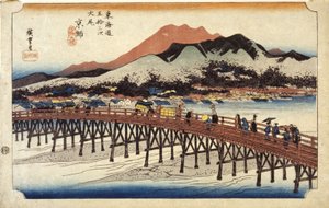 Figure che attraversano il ponte da Ando or Utagawa Hiroshige