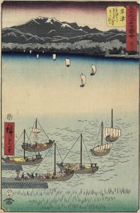Barche a vela al cancello del traghetto di Yabase sulla spiaggia di Kusatsu da Ando or Utagawa Hiroshige