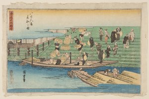 Barche attraccate a Hachikenya (Hachikenya chakusen no zu) (stampa xilografica a colori) da Ando or Utagawa Hiroshige