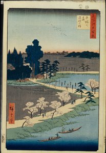 Cento vedute famose di Edo: Santuario di Azuma no mori e il canforo intrecciato da Ando or Utagawa Hiroshige