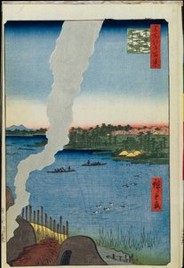 Cento vedute famose di Edo: Forni e il traghetto Hashiba sul fiume Sumida da Ando or Utagawa Hiroshige