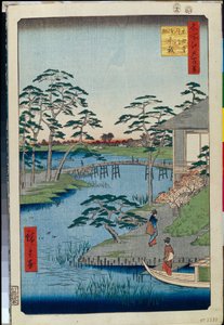 Cento vedute famose di Edo: Tempio Mokuboji e campi di verdure sull