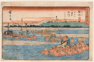 Kanaya juku (attraversamento di un ampio fiume), a Shimada. Dalla serie 53 stazioni del Tokaido da Ando or Utagawa Hiroshige
