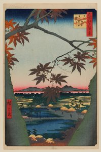 Alberi di acero a Mama, santuario di Tekona e ponte collegato da Ando or Utagawa Hiroshige