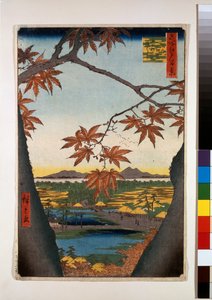 Alberi di acero presso Mama, il santuario di Tekona e il ponte di collegamento da Ando or Utagawa Hiroshige
