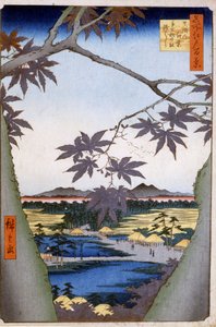 Aceri a Mama con il Tempio di Tekona e il Ponte Tsugi. 1857. Stampe di Katsushika (Utagawa) Hiroshige (1797-1858). da Ando or Utagawa Hiroshige