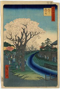 Spettatori che osservano i fiori di ciliegio lungo le rive del fiume Tama a Edo, xilografia di Ando Hiroshige da Ando or Utagawa Hiroshige