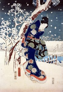 Scena di neve nel giardino di un Daimyo, parte di trittico da Ando or Utagawa Hiroshige