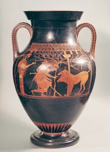 Anfora a figure rosse attiche raffigurante Eracle che cattura Cerbero, greca, da Atene, VI secolo a.C.