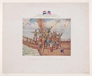 La nave di Henry Hudson, la Halve Maen, si avvicina alla costa nordamericana, 1609 da André Vlaanderen