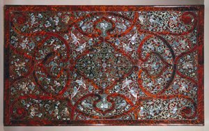 Piano incrostato in stile di André-Charles Boulle, dettaglio di tavolo intagliato e dorato, firmato P van Loose e M Verbiest, Paesi Bassi da Andre Charles Boulle
