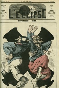 Attualità, soldato prussiano e francese che ballano davanti ai cannoni della guerra franco-prussiana. Copertina in 