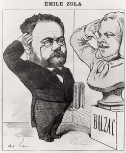 Caricatura di Emile Zola che saluta un busto di Honore de Balzac, 1878