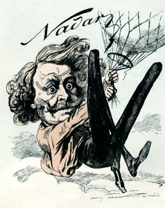 Caricatura di Felix Nadar, pioniere della fotografia aerea nel 1858, qui appeso al suo pallone (incisione)