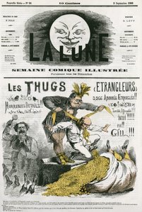 Caricatura dei "Thugs", un culto di stranieri, adoratori di Kali sterminati dai coloni britannici. Caricatura di Gill, in "La Lune", 2 settembre.