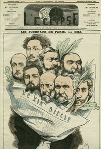 Caricatura della squadra del giornale "Le XIXe siècle", diretto da Edmont About (1828-?), uomo di lettere francese. Copertina in "L