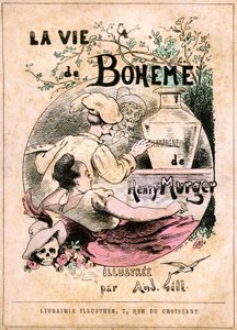 Copertina del libro "La vita di Bohème" di Henry Murger: pittore che dipinge la parola "champagne" su un vaso, davanti a una giovane donna