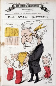 Ritratto-caricatura di Pierre Jules Hetzel che offre le opere di Stahl (il suo pseudonimo) ai bambini, "Gli uomini di oggi", fine 19° secolo da Andre Gill
