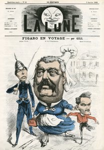 Ritratto di Albert Wolff, Hippolyte de Villemessant (1812-1879) e Henri Rochefort (1831-1913), giornalisti al Figaro. Caricatura di Gill, in "La Lune", 3 gennaio