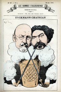Ritratto di Emile Erckmann (1822-1899) e Alexandre Chatrian (1826-1890), romanzieri francesi. Caricatura di Gill, in "Les Homme d
