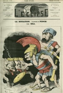 La situazione, caricatura di Adolphe Thiers (1797-1877) e Leon Gambetta (1838-1882) che danno un ministero a cani realisti e bonapartisti. Copertina di "L