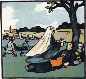 Prima guerra mondiale 1914-1918: Infermiera della Croce Rossa che si prende cura dei soldati fino ai campi di battaglia. Incisione in 