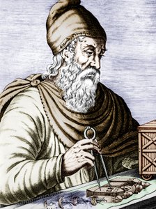 Archimede (287-212 a.C.), fisico e matematico greco siciliano, documento colorato inciso