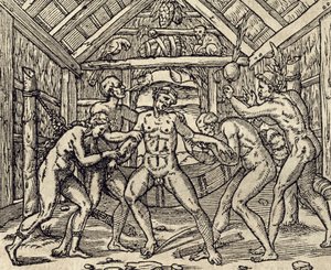 Cura del paziente nelle isole caraibiche, incisione da Andre Thevet