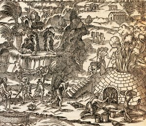 Schiavi indiani che lavorano in una miniera a Cuba, illustrazione dalla Cosmografia di André Thevet, incisione