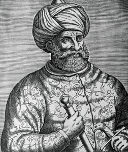 Ritratto di Khayr al-Din, noto come Barbarossa (1465-1546), corsaro e ammiraglio turco, incisione di Andre Thevet (1502-1590)
