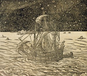 Marinai che seguono la rotta settentrionale, incisione da Cosmologia Universale, di Andre Thevet (1504-1592), Parigi da Andre Thevet