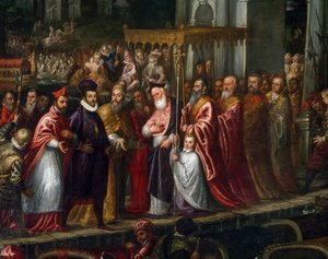 Doge Mocenigo e Patriarca Trevisan accolgono Enrico III al Lido nel 1574 da Andrea Vicentino
