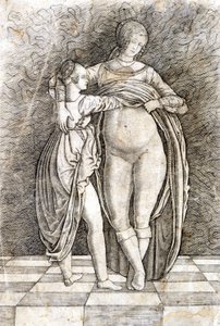 Una giovane ragazza sveste una donna. Incisione di Andrea Zoan. XV secolo.