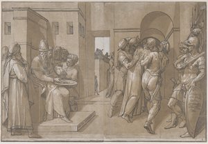 Pilato a sinistra che si lava le mani lato sinistro del foglio, 1585 da Andrea Andreani