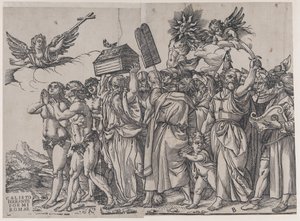 Sezione A: un angelo che tiene una croce in alto a sinistra, Adamo ed Eva sotto, dal Trionfo di..., 1836