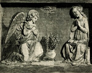 Annunciazione, di Andrea Della Robbia, oratorio della Madonna del Buon Consiglio, Prato, Toscana, Italia, xilografia da Le cento città d