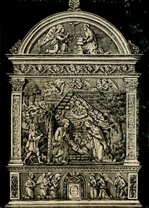 Natività, altare in terracotta di Andrea della Robbia, dalla chiesa di Santa Chiara, Museo Civico di Sansepolcro, Toscana, Italia, xilografia da Le cento città d