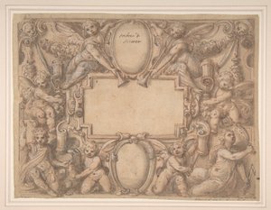 Un cartiglio e due scudi circondati da figure allegoriche