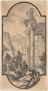 Figure vicino alle rovine di un tempio corinzio recto, frammento di un arco tracciato da recto verso