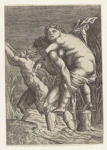 Uomo porta donna sulla schiena e un satiro da Andrea Mantegna (school of)