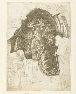 Maria con bambino circondata da angeli in una grotta con Giuseppe e re in adorazione da Andrea Mantegna (school of)