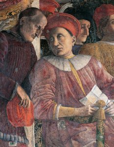 Ludovico Gonzaga e il consigliere Marsilio Andreasi, dettaglio dal Muro della Corte, affresco, Castello di San Giorgio, Camera degli Sposi, Mantova da Andrea Mantegna