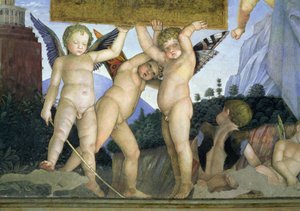 Putti con ali di farfalla che sorreggono la targa dedicatoria (dalla Camera degli Sposi o Camera Picta)
