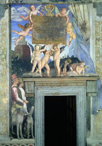 Putti con ali di farfalla che sorreggono la targa dedicatoria con cani da caccia e i loro conduttori (dalla Camera degli Sposi o Camera Picta)