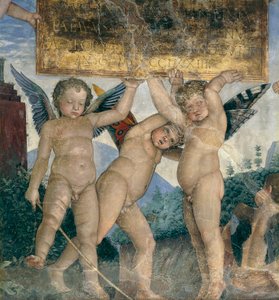 Cherubini alati che tengono la targa dedicatoria (dettaglio)