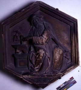 Armonia, piastrella decorativa esagonale da una serie che raffigura le Sette Arti Liberali, probabilmente basata su disegni di Giotto c.1334-48 da Andrea Pisano