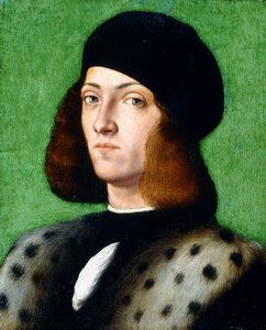 Ritratto di un giovane gentiluomo, busto, con berretto nero e cappotto nero, 1506 da Andrea Previtali