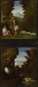 Scene dalle Ecloghe di Tebaldeo. Tirsis trova il corpo di Damon, c. 1510 da Andrea Previtali
